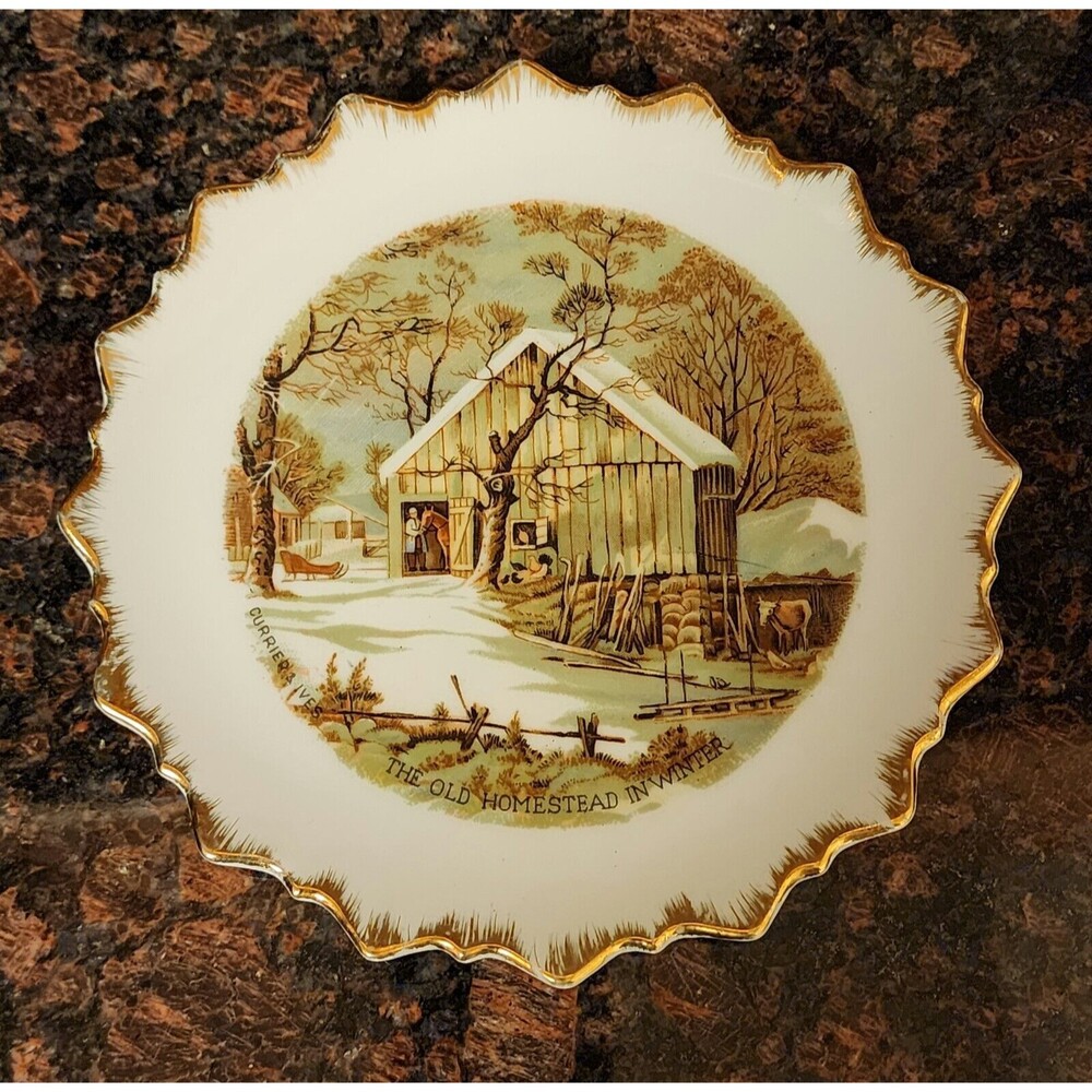 Currier Ives The Old Homestead in Winter Decorative Wall Plate White Gold Brown - Picture 2 of 4